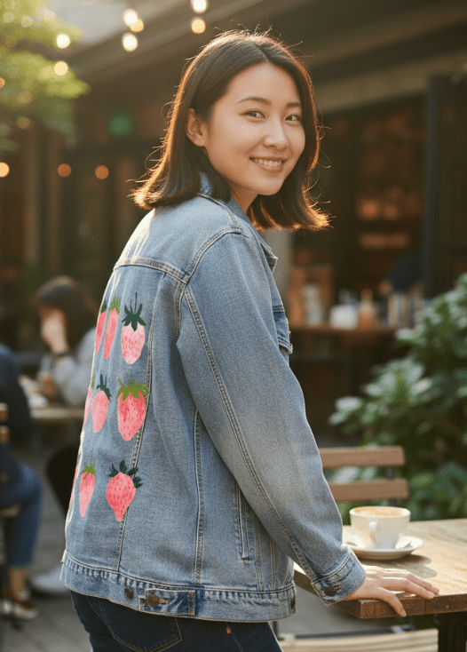 STRAWBERRY DREAMS by thearticsoul, printed on denim jackets and other denim products: tote bags, throw pillows, table place mats, aprons