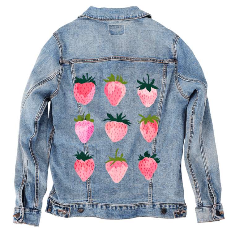 STRAWBERRY DREAMS by thearticsoul, printed on denim jackets and other denim products: tote bags, throw pillows, table place mats, aprons