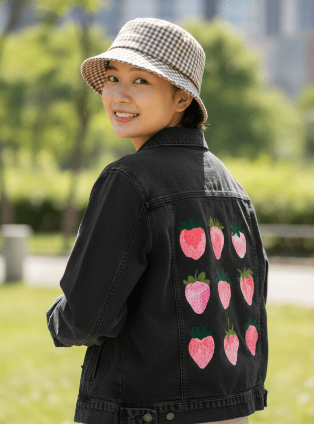 STRAWBERRY DREAMS by thearticsoul, printed on denim jackets and other denim products: tote bags, throw pillows, table place mats, aprons