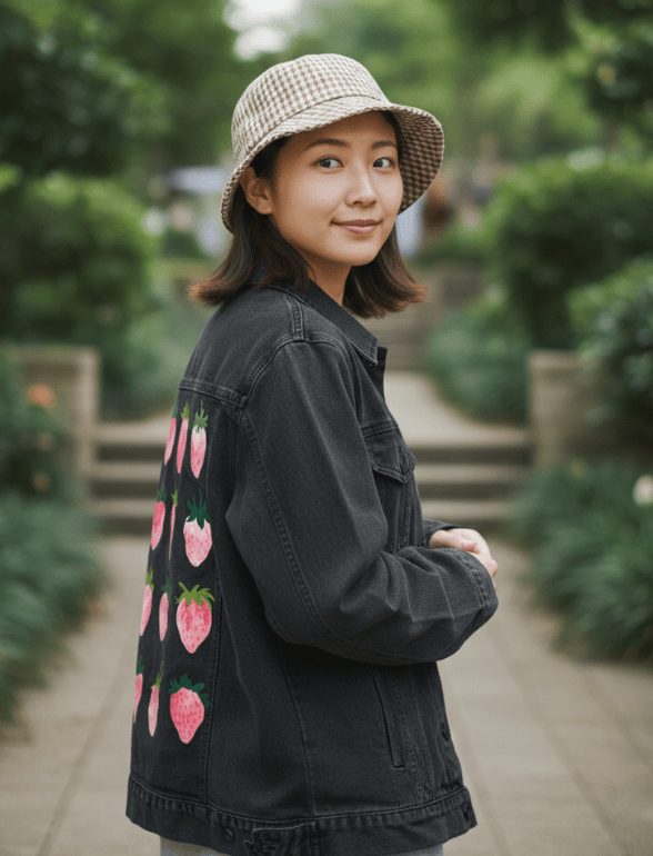 STRAWBERRY DREAMS by thearticsoul, printed on denim jackets and other denim products: tote bags, throw pillows, table place mats, aprons