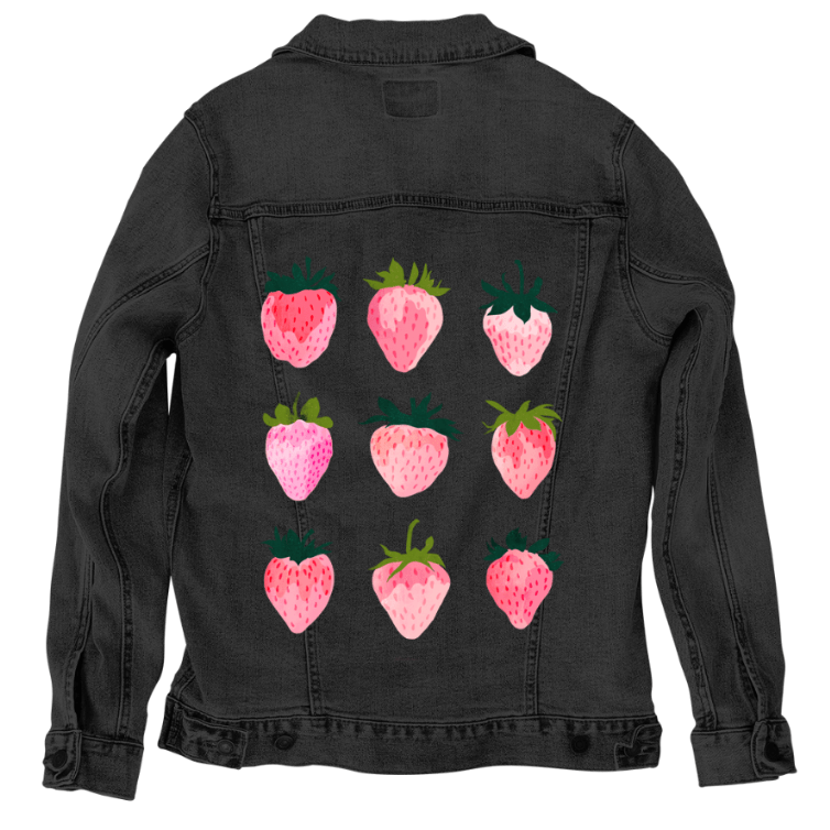 STRAWBERRY DREAMS by thearticsoul, printed on denim jackets and other denim products: tote bags, throw pillows, table place mats, aprons