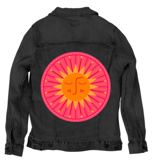 SUNBURST by HEND SHEHATA, printed on denim jackets and other denim products: tote bags, throw pillows, table place mats, aprons