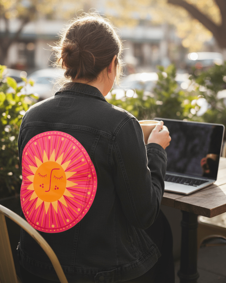 SUNBURST by HEND SHEHATA, printed on denim jackets and other denim products: tote bags, throw pillows, table place mats, aprons