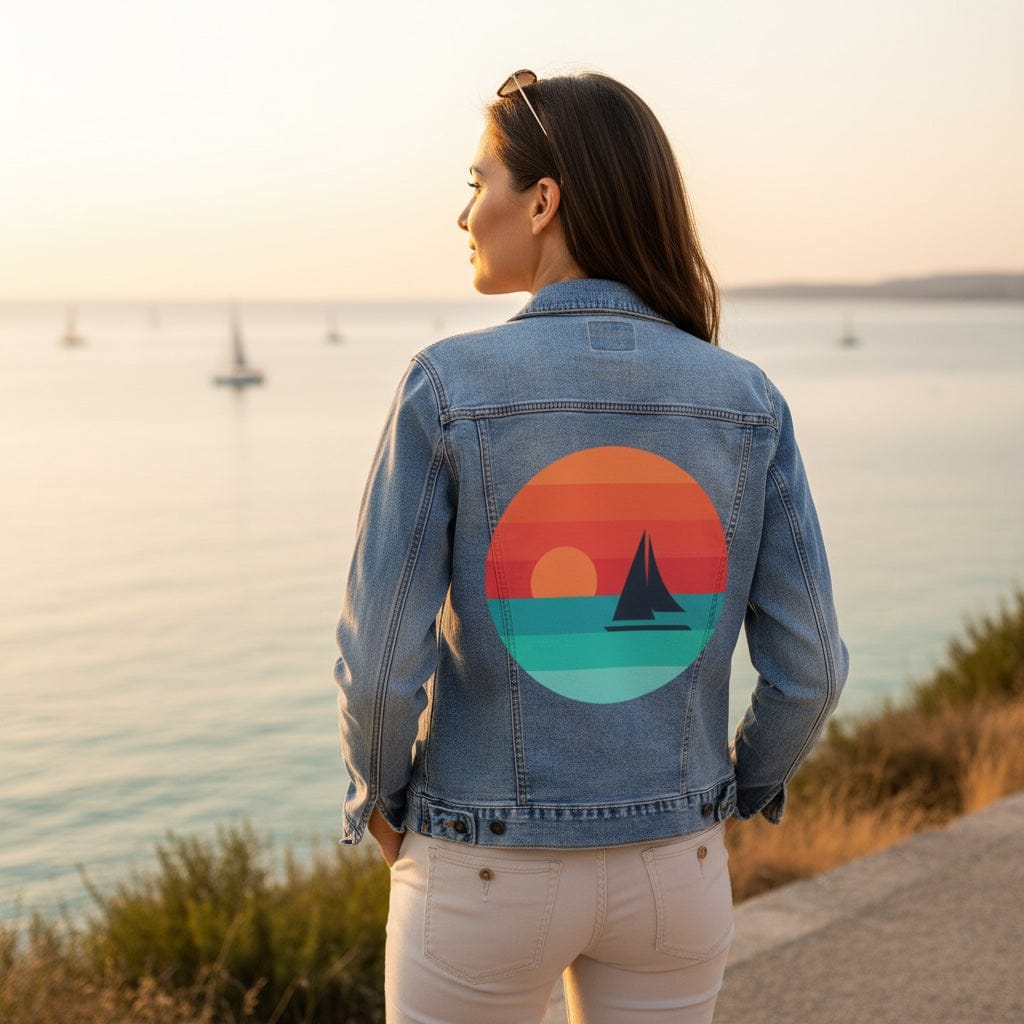 SUNDOWNERS by GRANT SHEPLEY, digitally printed on DENIM products: throw pillows, aprons, table place mats, and hand-crafted Unisex Denim Jackets in 3 color choices