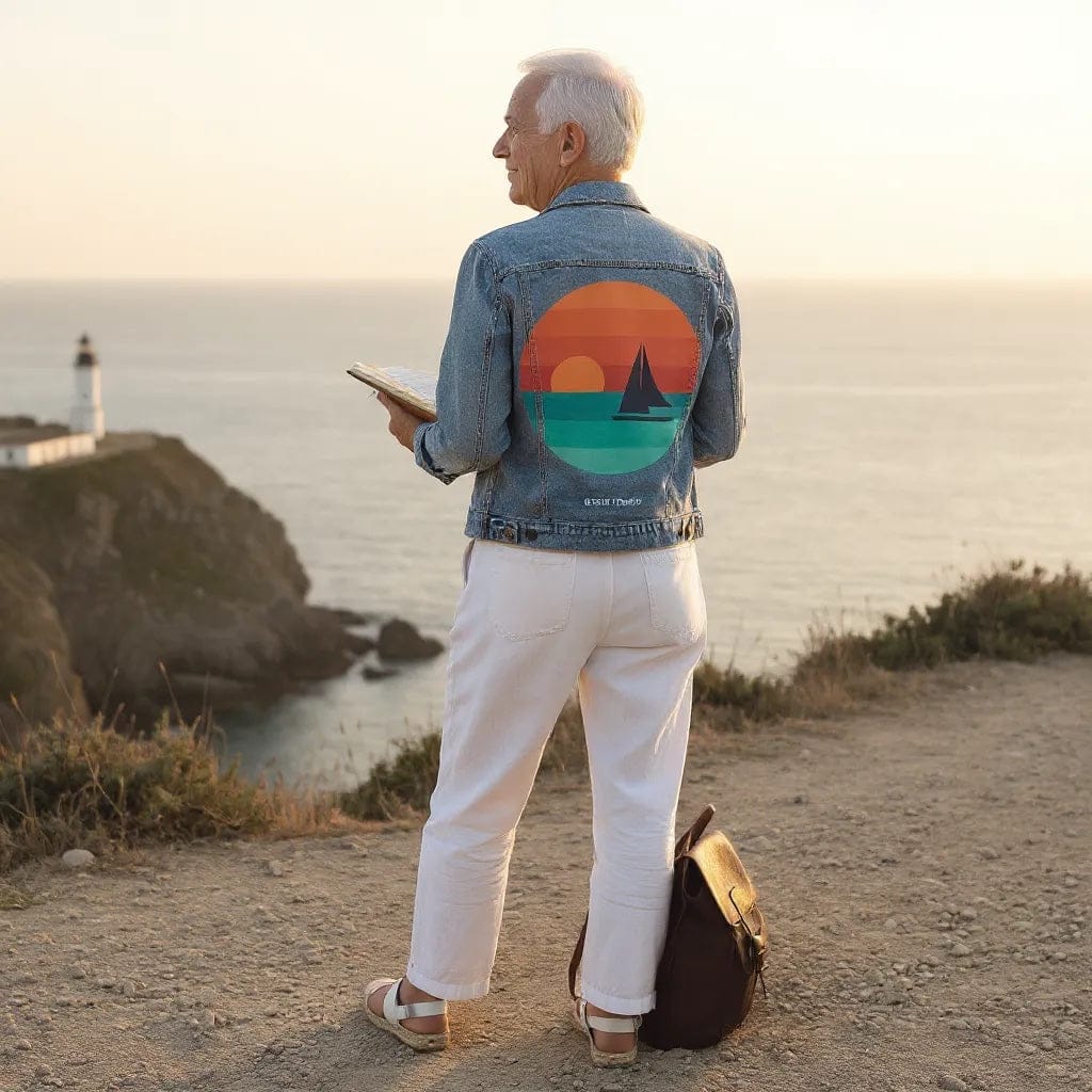 SUNDOWNERS by GRANT SHEPLEY, digitally printed on DENIM products: throw pillows, aprons, table place mats, and hand-crafted Unisex Denim Jackets in 3 color choices