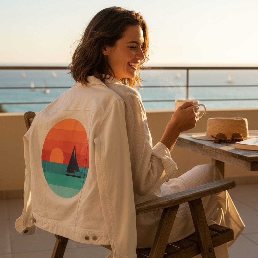 SUNDOWNERS by GRANT SHEPLEY, digitally printed on DENIM products: throw pillows, aprons, table place mats, and hand-crafted Unisex Denim Jackets in 3 color choices
