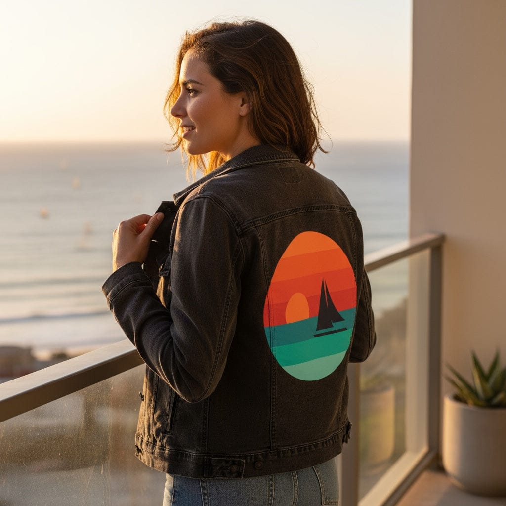 SUNDOWNERS by GRANT SHEPLEY, digitally printed on DENIM products: throw pillows, aprons, table place mats, and hand-crafted Unisex Denim Jackets in 3 color choices