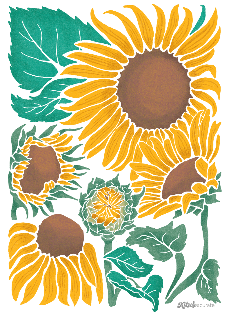 SUNFLOWER by KITSCH AND CURATE, printed on denim jackets and other denim products: tote bags, throw pillows, table place mats, aprons