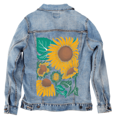 SUNFLOWER by KITSCH AND CURATE, printed on denim jackets and other denim products: tote bags, throw pillows, table place mats, aprons