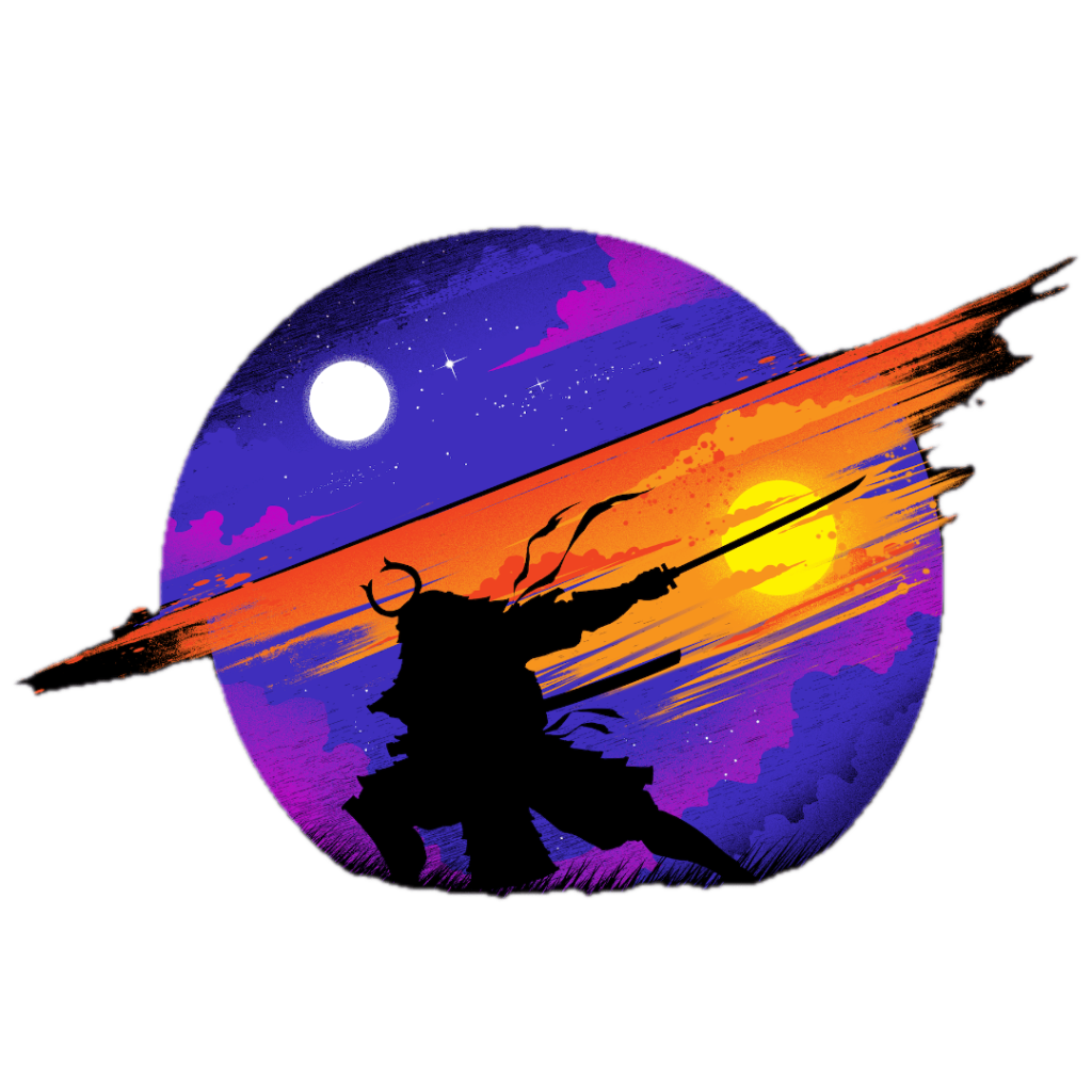 SUNSET SAMURAI by TOBE FONSECA,printed by DenimINK on hand-crafted Denim Jackets and other denim products and other denim products: tote bags, throw pillows, table place mats, aprons