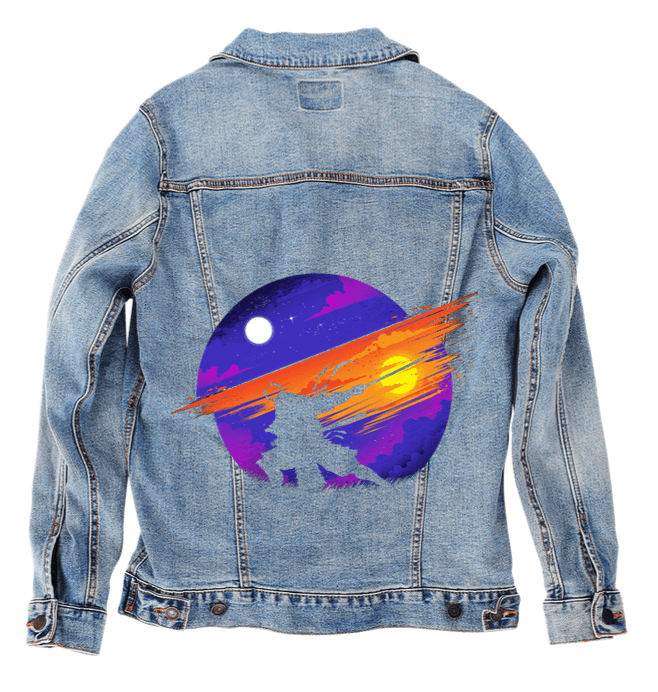SUNSET SAMURAI by TOBE FONSECA,printed by DenimINK on hand-crafted Denim Jackets and other denim products and other denim products: tote bags, throw pillows, table place mats, aprons