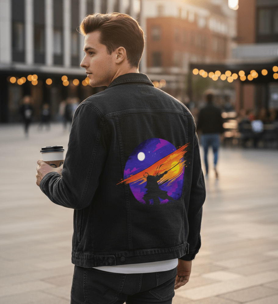 SUNSET SAMURAI by TOBE FONSECA,printed by DenimINK on hand-crafted Denim Jackets and other denim products and other denim products: tote bags, throw pillows, table place mats, aprons