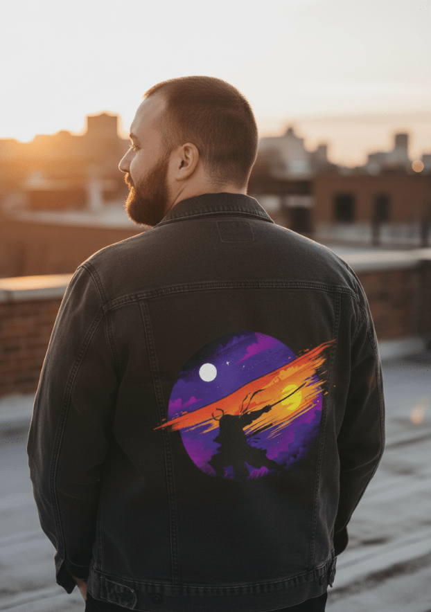 SUNSET SAMURAI by TOBE FONSECA,printed by DenimINK on hand-crafted Denim Jackets and other denim products and other denim products: tote bags, throw pillows, table place mats, aprons