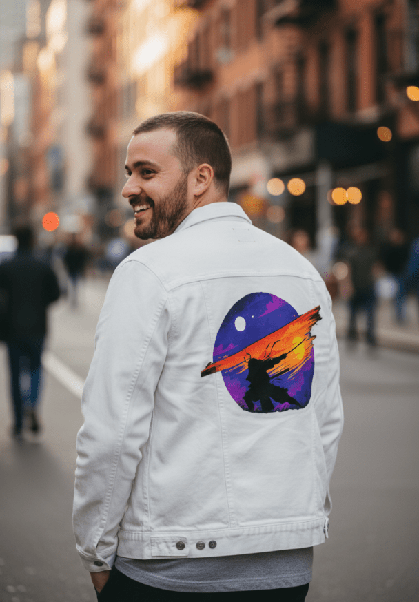 SUNSET SAMURAI by TOBE FONSECA,printed by DenimINK on hand-crafted Denim Jackets and other denim products and other denim products: tote bags, throw pillows, table place mats, aprons