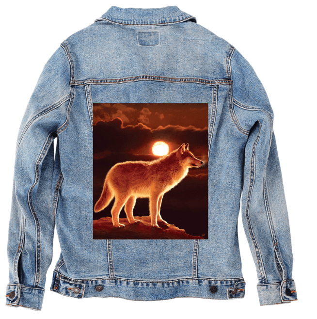 SUNSET WOLF by VINCENT HIE,printed by DenimINK on hand-crafted Denim Jackets and other denim products and other denim products: tote bags, throw pillows, table place mats, aprons