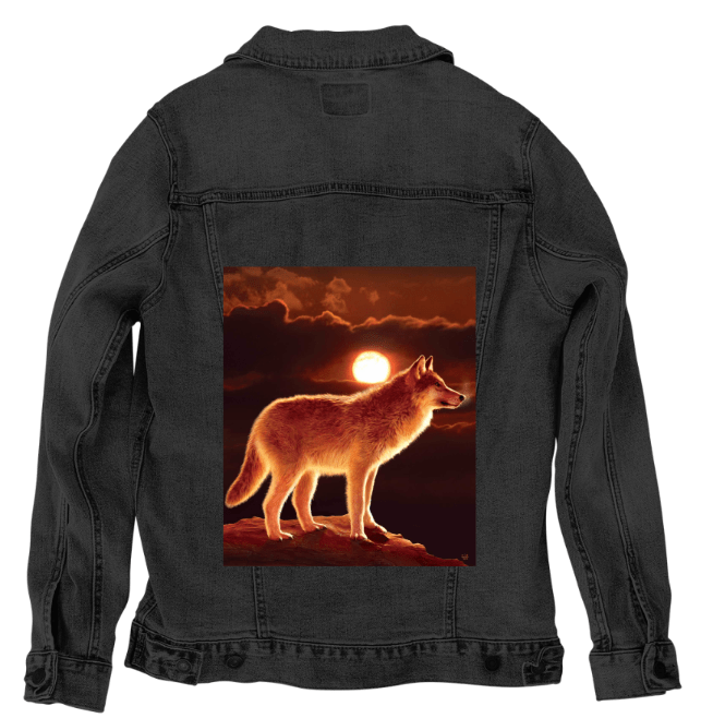 SUNSET WOLF by VINCENT HIE,printed by DenimINK on hand-crafted Denim Jackets and other denim products and other denim products: tote bags, throw pillows, table place mats, aprons