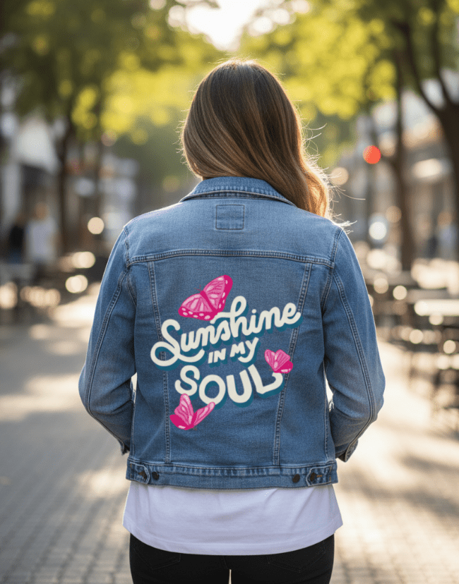 SUNSHINE IN MY SOUL by IndySign, printed on denim jackets and other denim products: tote bags, throw pillows, table place mats, aprons
