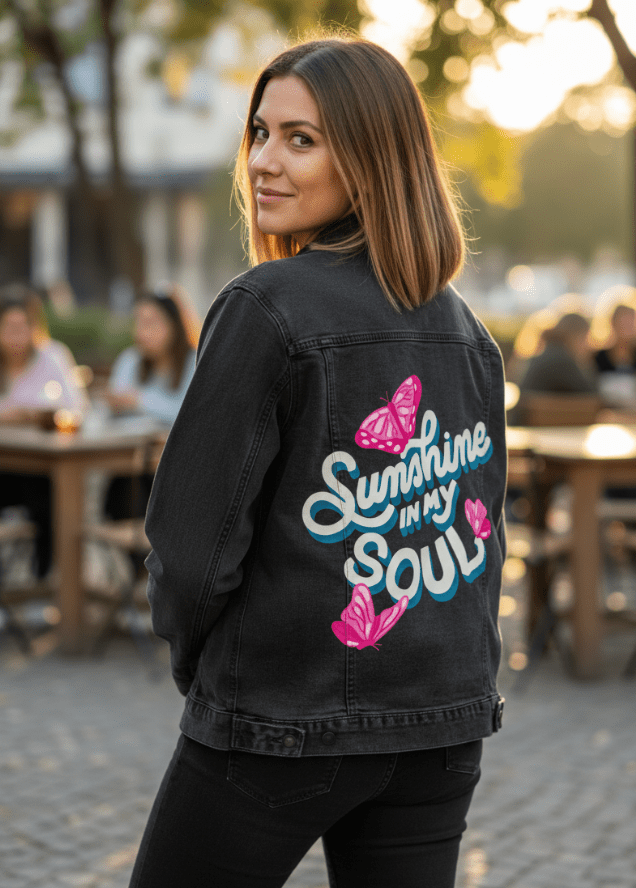 SUNSHINE IN MY SOUL by IndySign, printed on denim jackets and other denim products: tote bags, throw pillows, table place mats, aprons