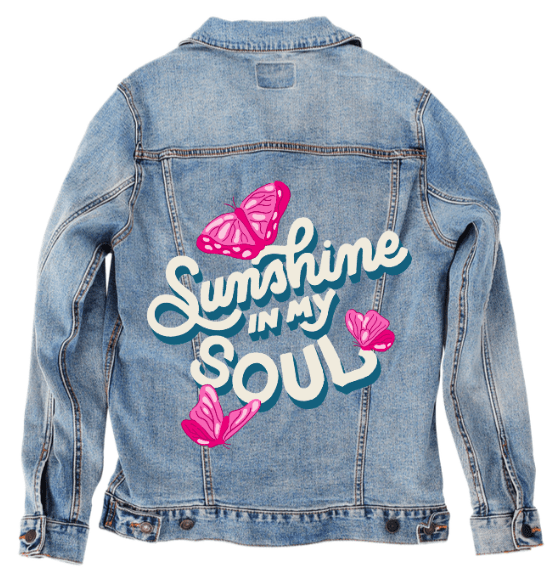 SUNSHINE IN MY SOUL by IndySign, printed on denim jackets and other denim products: tote bags, throw pillows, table place mats, aprons