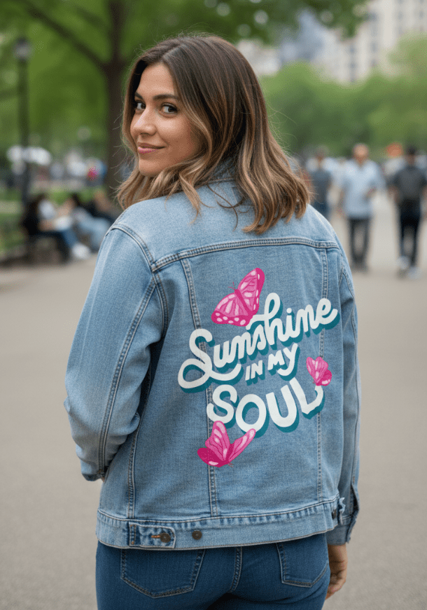 SUNSHINE IN MY SOUL by IndySign, printed on denim jackets and other denim products: tote bags, throw pillows, table place mats, aprons
