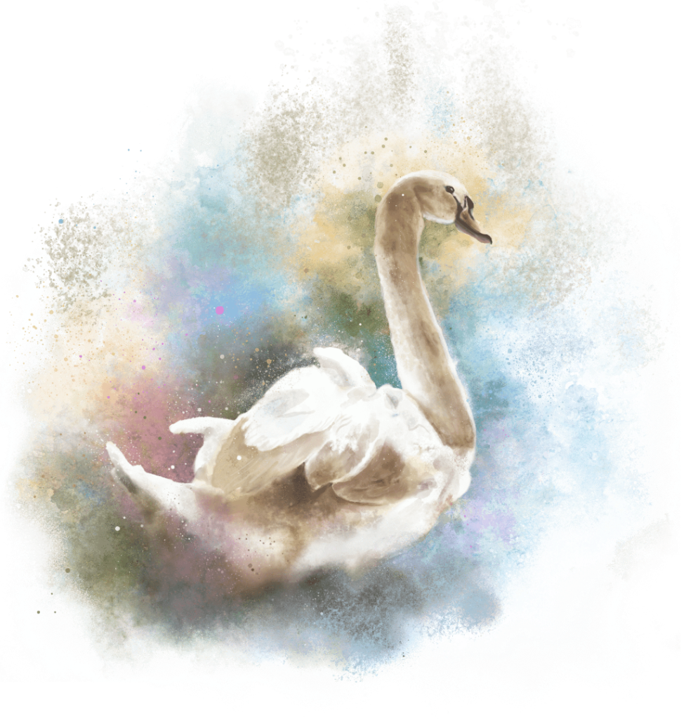illustration of A white swan floating in profile with its long neck curved in an elegant S-shape and head angled slightly downward. Soft layered brushstrokes define the swan’s feathers, with subtle beige and gray shading along the neck and wings. The background is an abstract watercolor wash of pale blue, turquoise, cream, soft gold, lavender, and muted green, rendered as misty clouds and speckled pigment surrounding the bird. This artwork is titled “Swan Watercolor” and created by RaMir Designs