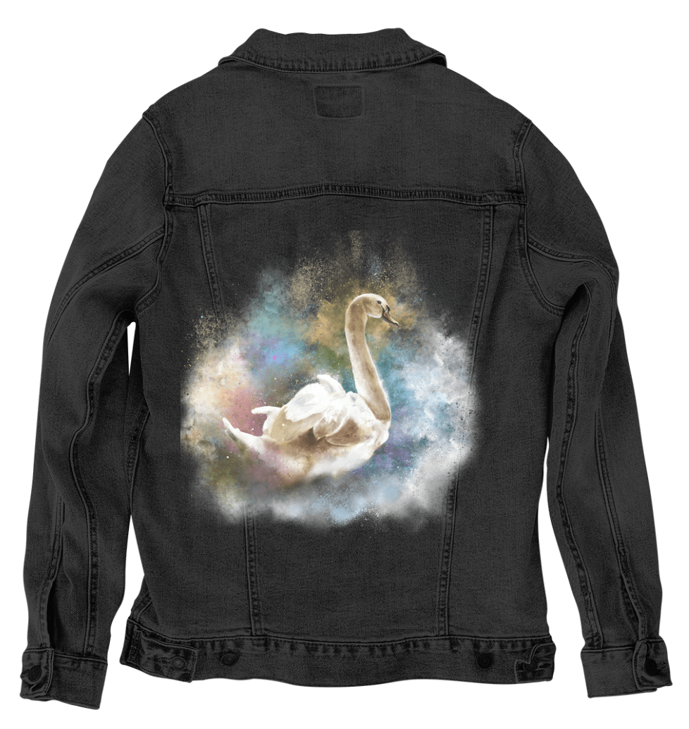 SWAN WATERCOLOR by RaMir DESIGNS,printed by DenimINK on hand-crafted Denim Jackets and other denim products and other denim products: tote bags, throw pillows, table place mats, aprons