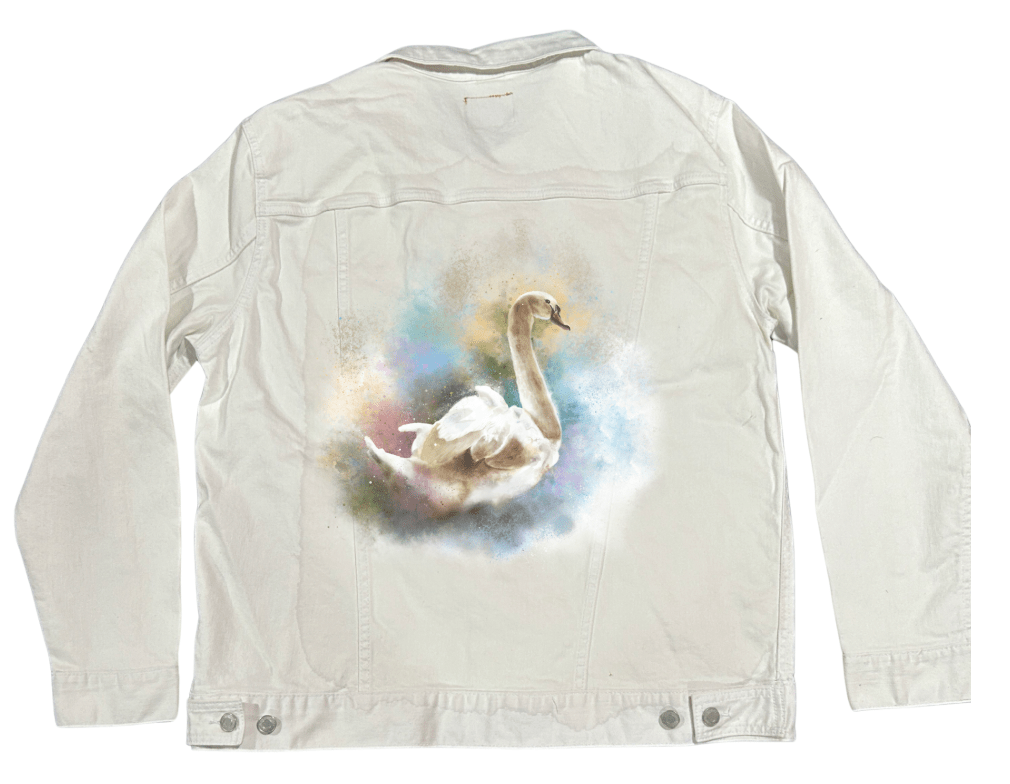 SWAN WATERCOLOR by RaMir DESIGNS,printed by DenimINK on hand-crafted Denim Jackets and other denim products and other denim products: tote bags, throw pillows, table place mats, aprons