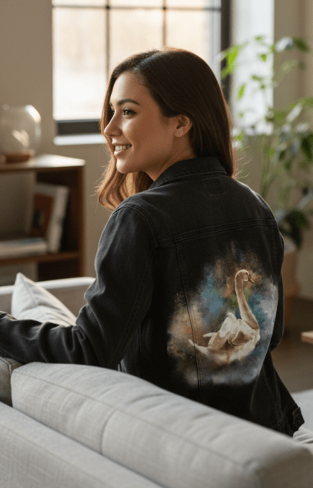 SWAN WATERCOLOR by RaMir DESIGNS,printed by DenimINK on hand-crafted Denim Jackets and other denim products and other denim products: tote bags, throw pillows, table place mats, aprons