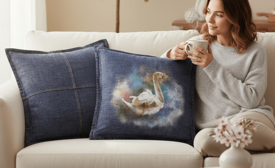 SWAN WATERCOLOR by RaMir DESIGNS,printed by DenimINK on hand-crafted Denim Jackets and other denim products and other denim products: tote bags, throw pillows, table place mats, aprons