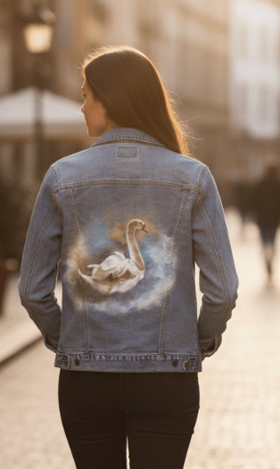 SWAN WATERCOLOR by RaMir DESIGNS,printed by DenimINK on hand-crafted Denim Jackets and other denim products and other denim products: tote bags, throw pillows, table place mats, aprons