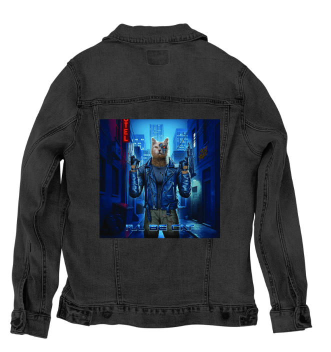 TERMINATOR CAT horizontal by VINCENT HIE,printed by DenimINK on hand-crafted Denim Jackets and other denim products and other denim products: tote bags, throw pillows, table place mats, aprons
