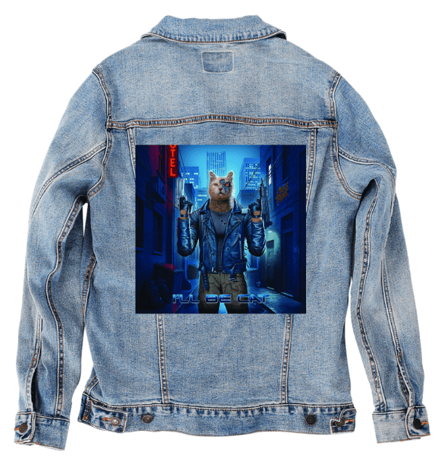 TERMINATOR CAT horizontal by VINCENT HIE,printed by DenimINK on hand-crafted Denim Jackets and other denim products and other denim products: tote bags, throw pillows, table place mats, aprons