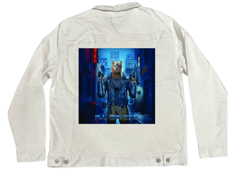 TERMINATOR CAT horizontal by VINCENT HIE,printed by DenimINK on hand-crafted Denim Jackets and other denim products and other denim products: tote bags, throw pillows, table place mats, aprons