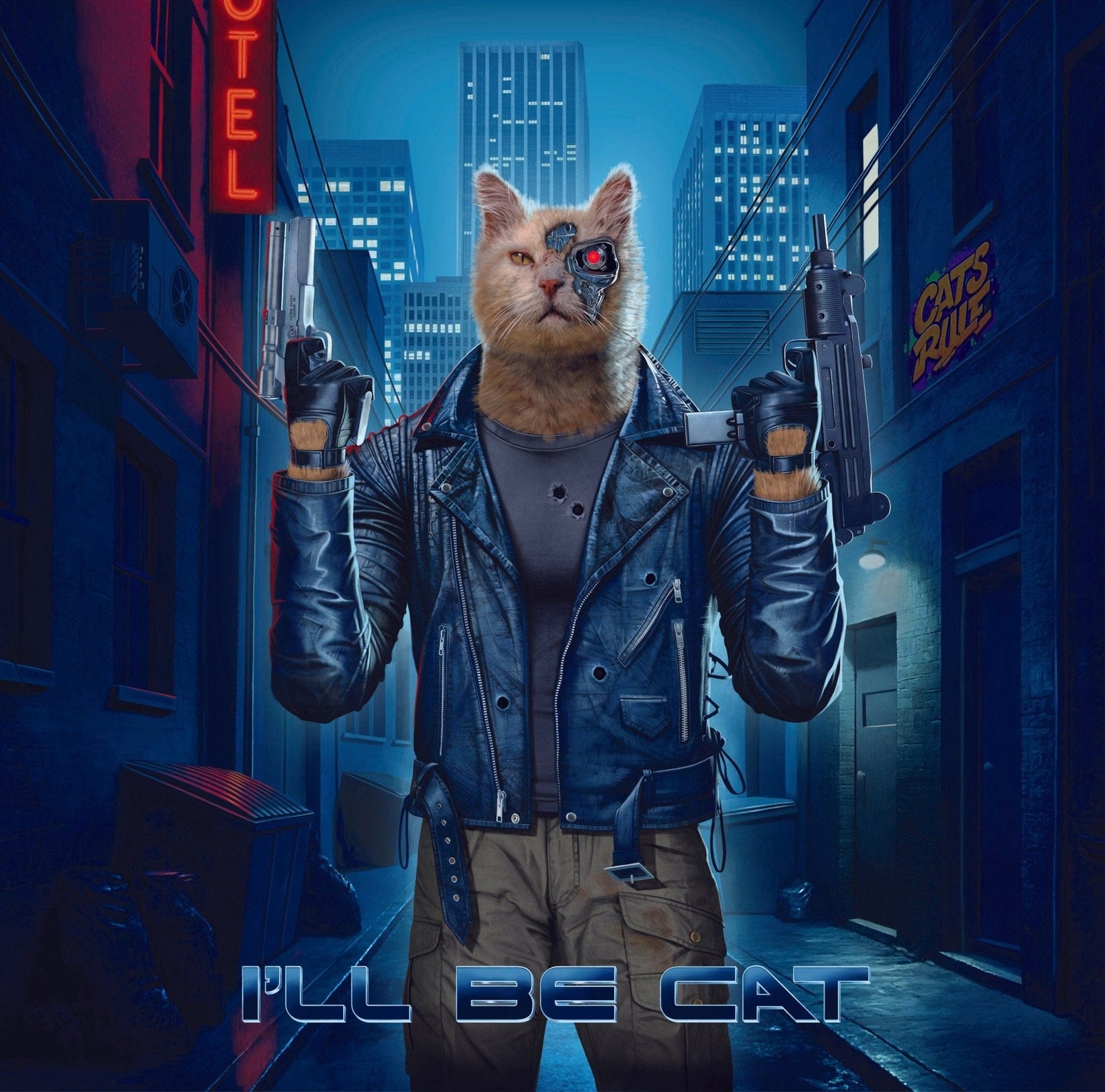 TERMINATOR CAT horizontal by VINCENT HIE, printed on denim jackets and other denim products: tote bags, throw pillows, table place mats, aprons