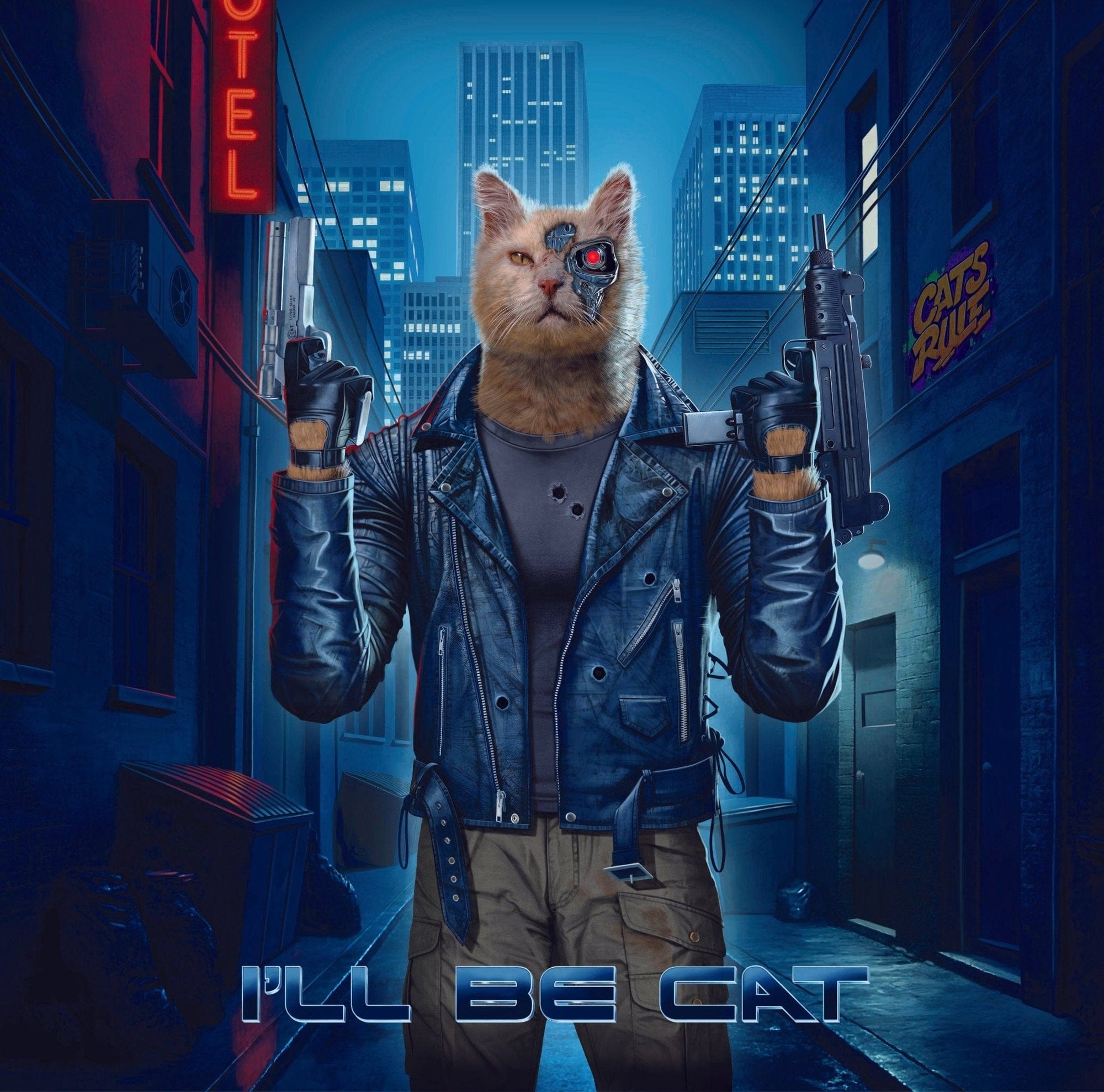 TERMINATOR CAT horizontal by VINCENT HIE, printed on denim jackets and other denim products: tote bags, throw pillows, table place mats, aprons