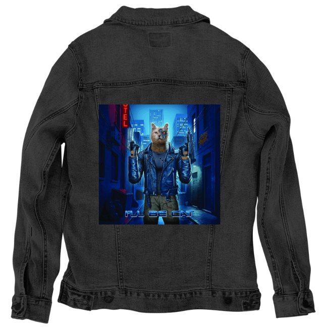 TERMINATOR CAT landscape by VINCENT HIE, printed on denim jackets and other denim products: tote bags, throw pillows, table place mats, aprons