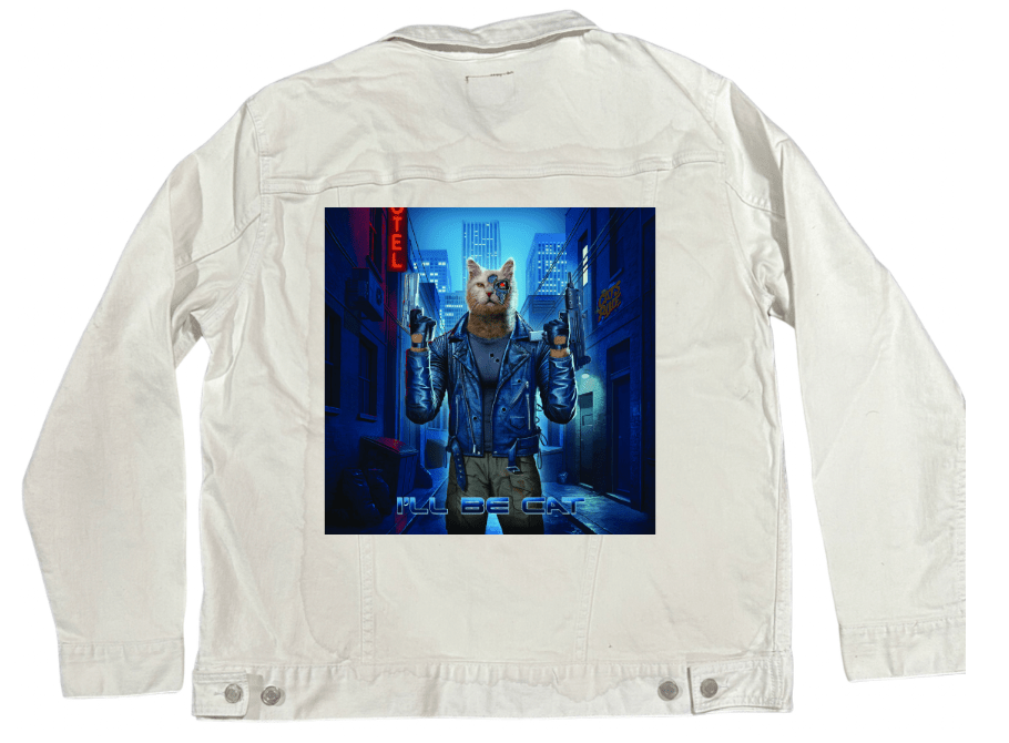 TERMINATOR CAT landscape by VINCENT HIE, printed on denim jackets and other denim products: tote bags, throw pillows, table place mats, aprons