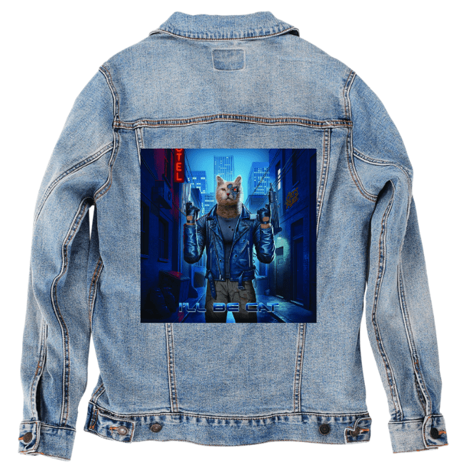 TERMINATOR CAT landscape by VINCENT HIE, printed on denim jackets and other denim products: tote bags, throw pillows, table place mats, aprons