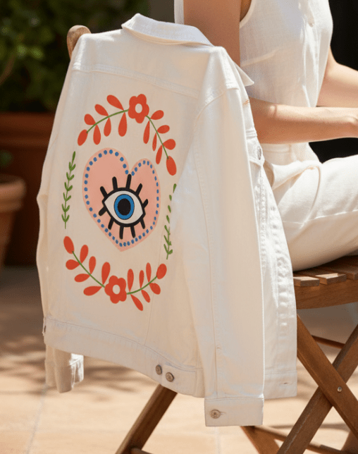 THE HEART SEES by HEND SHEHATA,printed by DenimINK on hand-crafted Denim Jackets and other denim products and other denim products: tote bags, throw pillows, table place mats, aprons