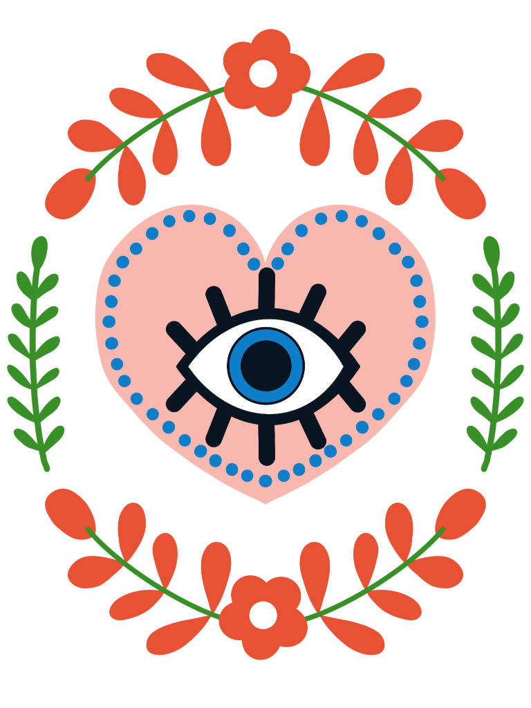 THE HEART SEES by HEND SHEHATA,printed by DenimINK on hand-crafted Denim Jackets and other denim products and other denim products: tote bags, throw pillows, table place mats, aprons