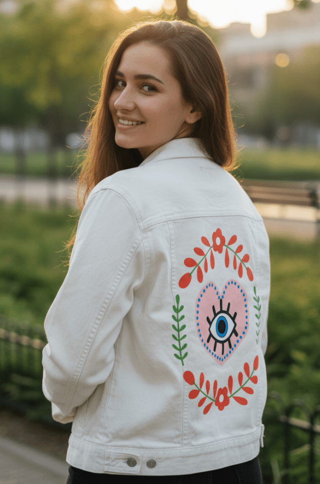 THE HEART SEES by HEND SHEHATA,printed by DenimINK on hand-crafted Denim Jackets and other denim products and other denim products: tote bags, throw pillows, table place mats, aprons