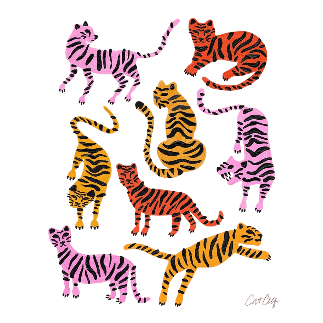 llustration featuring nine stylized tigers in playful & resting poses, each with bold black stripes in bright colors including pink, orange, red, & golden yellow. the tigers are evenly spaced across a soft cream background. their varied poses—crouching, leaping, sitting, stretching—create a sense of lively movement. signed “CatCoq” in the bottom right.