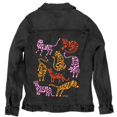 back view of a black denim jacket printed with the “Tiger Collection” by CatCoq. the design features nine tigers in a grid-like layout, posed in playful &amp; lounging positions. each tiger is painted in vibrant pink, orange, gold &amp; red tones with black stripes. the vivid palette pops against the dark denim. printed by DenimINK.
