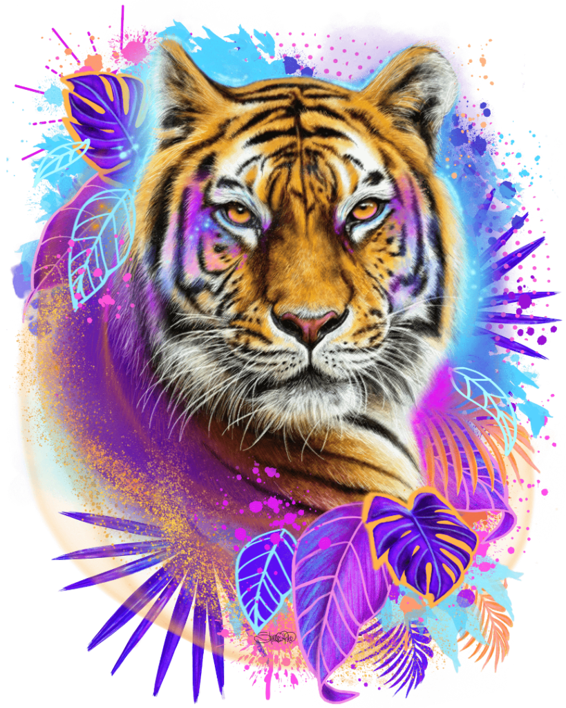 illustration of a forward-facing tiger’s head and upper chest with golden-orange fur, black stripes, and pale white whiskers, set against a vivid abstract background. the tiger’s amber eyes gaze directly outward, with purple and blue highlights painted across the face. neon splashes, dots, and leaf shapes in turquoise, violet, magenta, yellow, and orange surround the portrait, creating a glowing halo effect against a dark backdrop. this artwork is titled “Tiger Spirit” and created by Sheena Pike