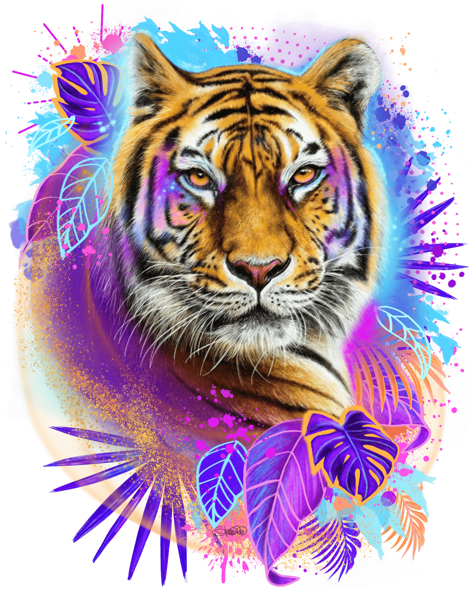 TIGER SPIRIT by SHEENA PIKE, printed on denim jackets and other denim products: tote bags, throw pillows, table place mats, aprons