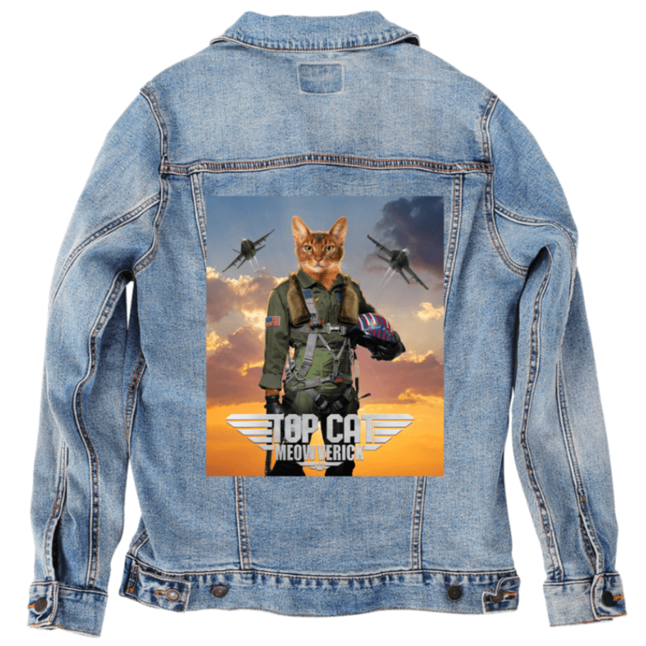TOP CAT MEOWVERICK by VINCENT HIE,printed by DenimINK on hand-crafted Denim Jackets and other denim products and other denim products: tote bags, throw pillows, table place mats, aprons