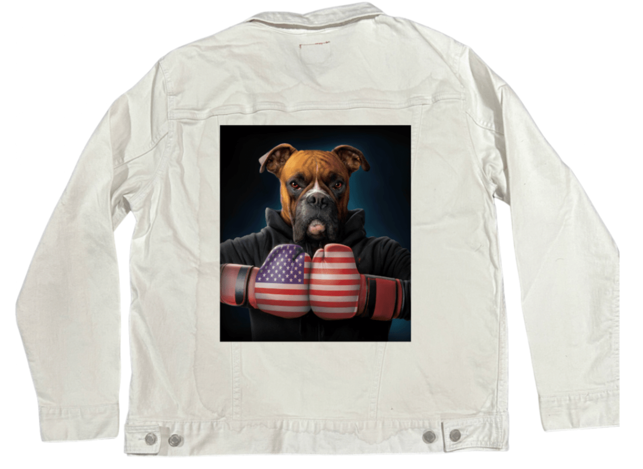 TOUGH BOXER by VINCENT HIE,printed by DenimINK on hand-crafted Denim Jackets and other denim products and other denim products: tote bags, throw pillows, table place mats, aprons