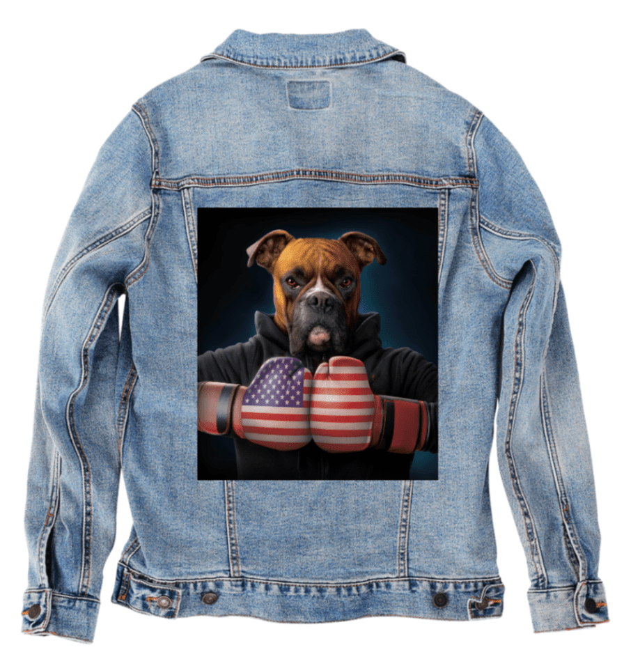 TOUGH BOXER by VINCENT HIE,printed by DenimINK on hand-crafted Denim Jackets and other denim products and other denim products: tote bags, throw pillows, table place mats, aprons