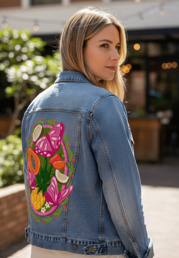 TROPICAL PARADISE BUTTERFLY by IndySign,printed by DenimINK on hand-crafted Denim Jackets and other denim products and other denim products: tote bags, throw pillows, table place mats, aprons