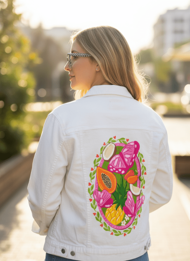 TROPICAL PARADISE BUTTERFLY by IndySign,printed by DenimINK on hand-crafted Denim Jackets and other denim products and other denim products: tote bags, throw pillows, table place mats, aprons